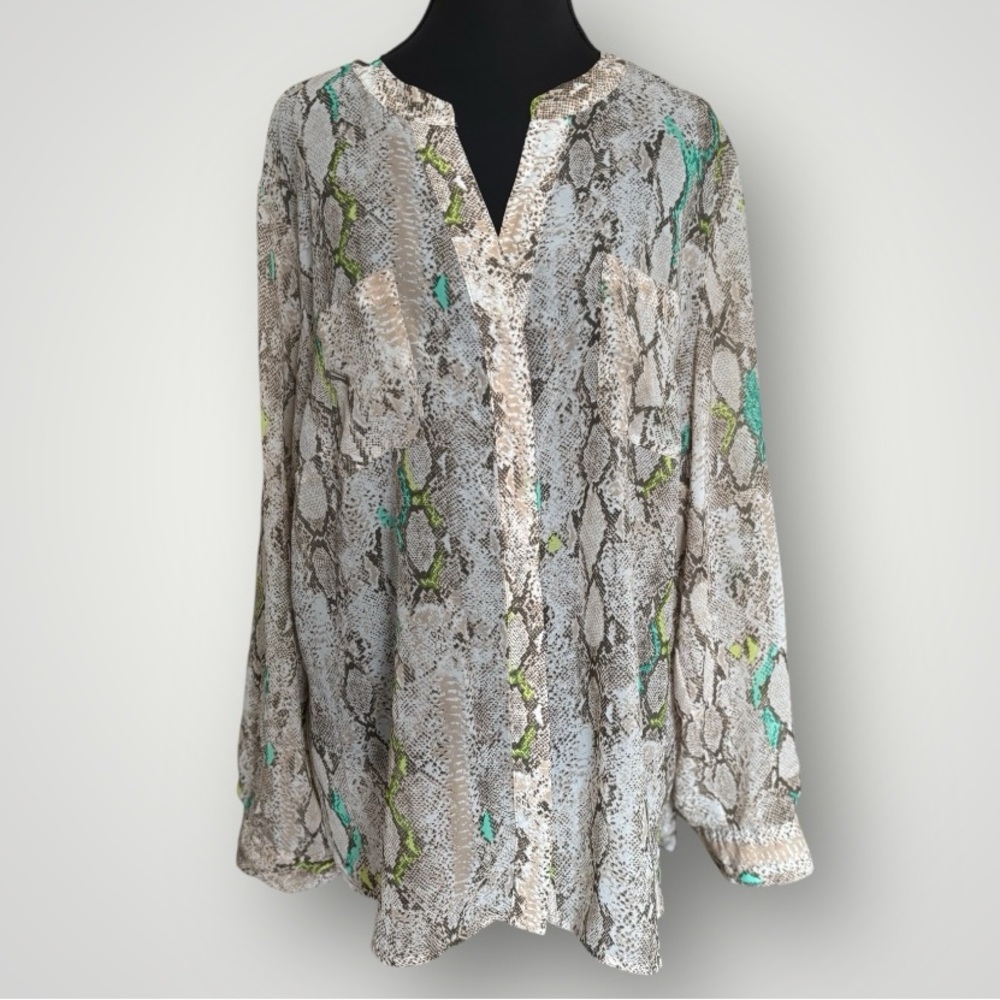 Covington Woman Semi Sheer Brown Cream Snake Print Long Sleeve Blouse Size 2X